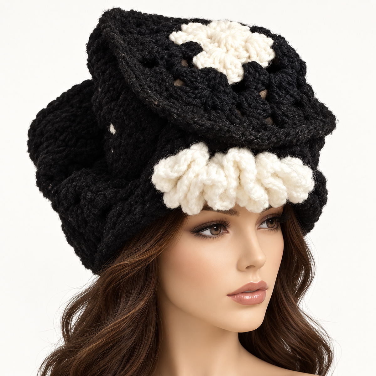 Black & White Handmade Crochet Slouchy Beret Hat