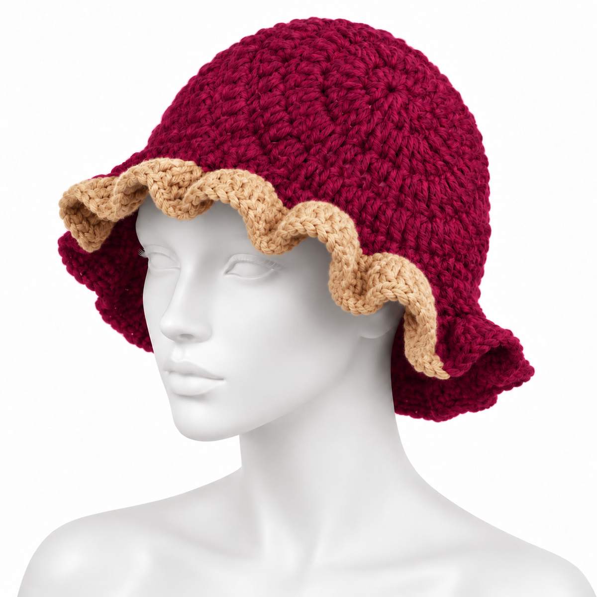Handmade Burgundy & Cream Crochet Ruffle-Brim Hat