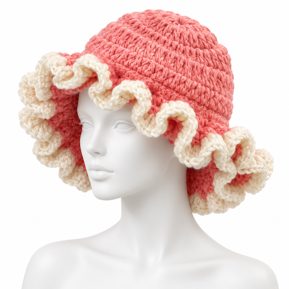 Handmade Pink & White Crochet Ruffle-Brim Hat