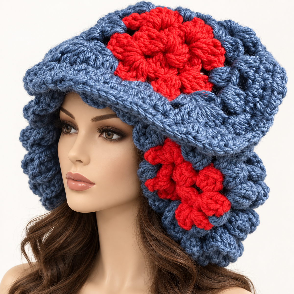 Denim Blue & Red Chunky Crochet Flower Hat
