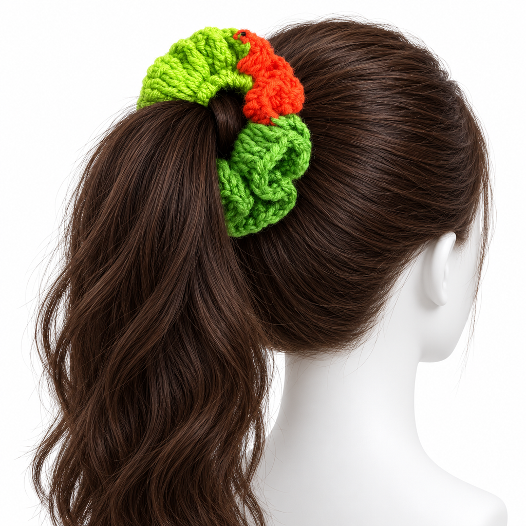 Handmade Green & Orange Crochet Hair Scrunchie
