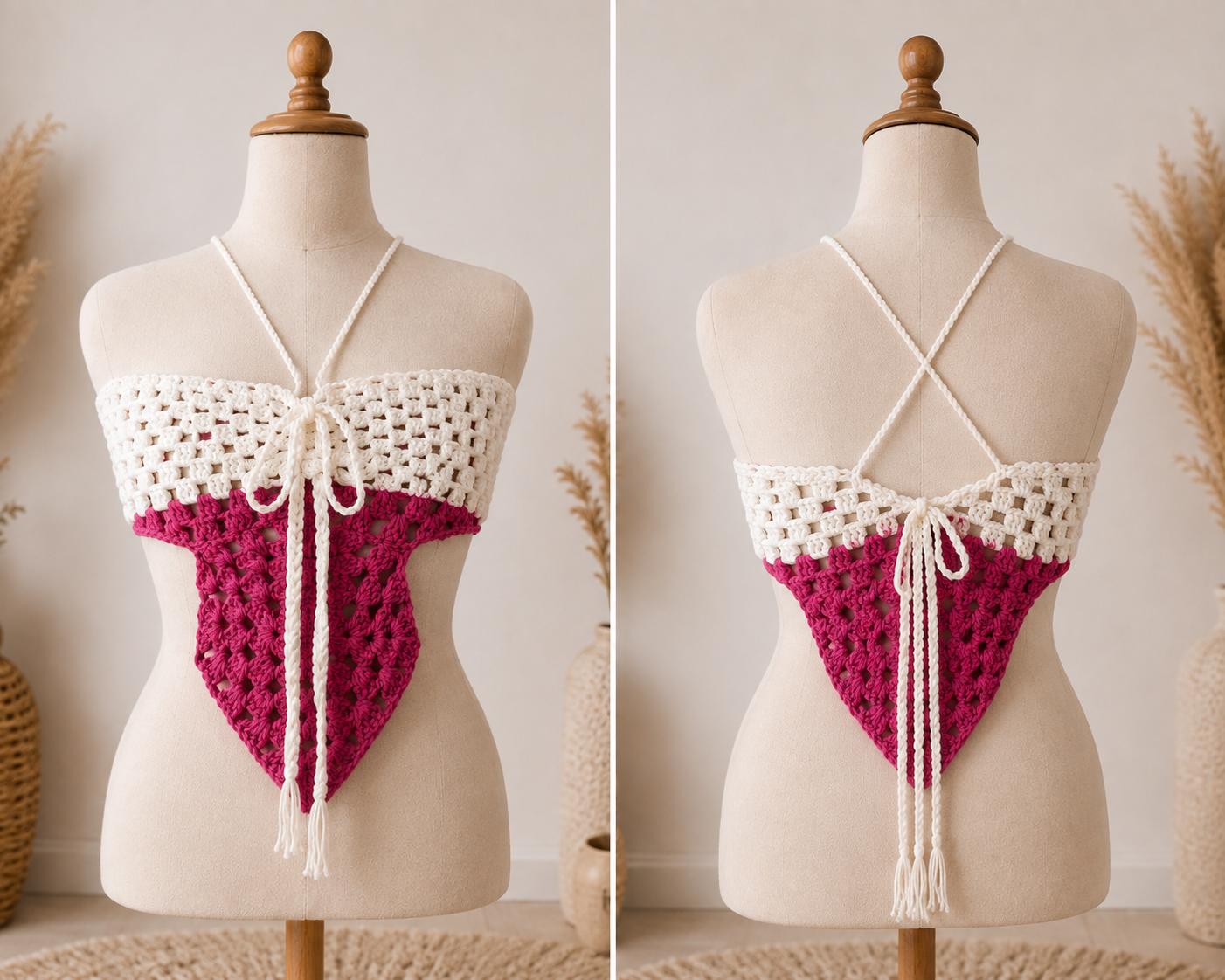 Halter Corset Top – White & Pink_Ayabombe Handmade Crochet