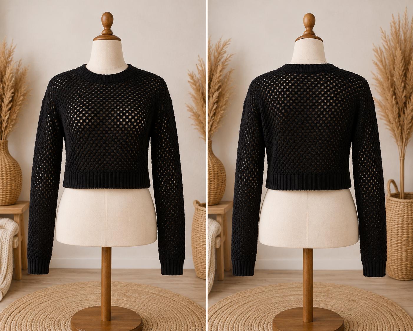 Black Crochet Long-Sleeve Crop Top_Ayabombe Handmade