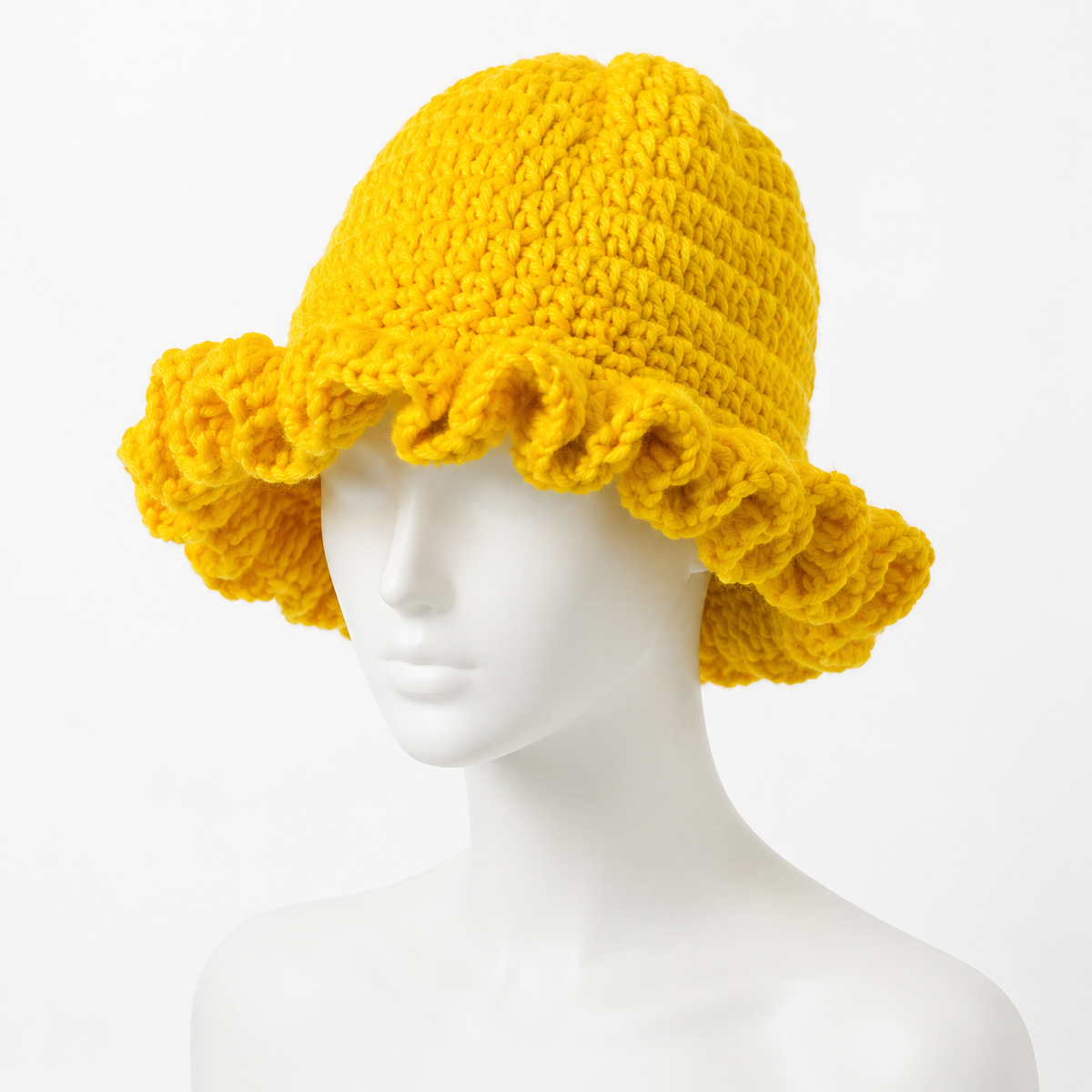 Handmade Yellow Crochet Ruffle-Brim Bucket Hat